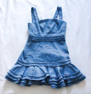 Women's Alexis Medium Blue Flared Ruffle Frayed Judith Linen Cotton Mini Dress M - Bild 1 von 5