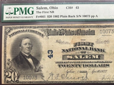 1902 $20 The First NB of Salem Ohio Plain Back CH#43 Fr 661 PMG 25 - Sharp Note - Image 1 of 3