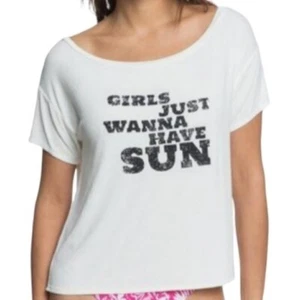Roxy Crop Top Women's Large White Ribbed T-Shirt Girls Just Wanna Have Sun - Picture 1 of 11