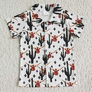 Boy's Short Sleeve Polo Shirt Cactus Cow Print - Picture 1 of 1