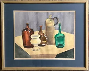 PATRICIA TOOL Original Stillleben Aquarell Gemälde signiert Flaschenkrug Mörser - Bild 1 von 4