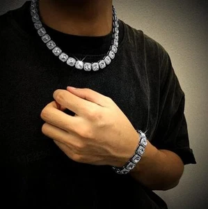 Collar de cadena pulsera de tenis de 10 mm 1 fila con racimo de piedra circonita cúbica chapado en oro blanco - Imagen 1 de 12