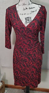 Evan Picone Bodycon Dress Womens Petite 4 Black Red Squiggle Print Wrap V Neck - Picture 1 of 7