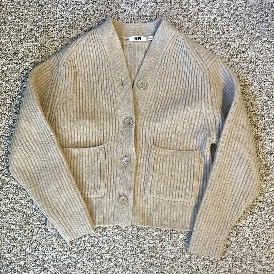 Uniqlo U женщин ребристый шерсти кардиган размер XS желтовато-коричневый вязаные карманы тихий роскошный мягкий - Изображение 1 из 4