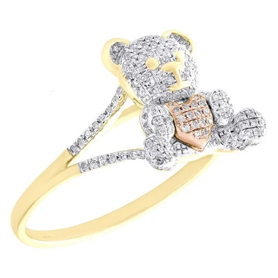 10K Tri-Color Gold Natural Diamond Women's Teddy Bear Holding Heart Ring 0.22 CT - Image 1 of 4