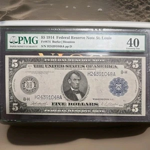 1914 $5 Federal Reserve Note St. Louis FR-874 - Graded PMG 40 EXTREMELY Rar - Picture 1 of 5