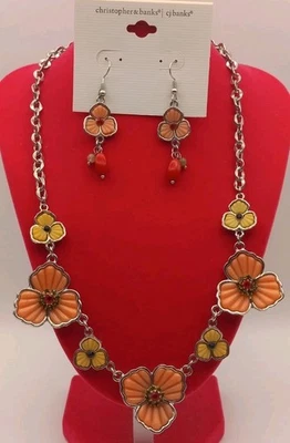 Christopher And Banks Necklace & Earrings Set W/orange & Yellow Resin Element... - Image 1 of 4