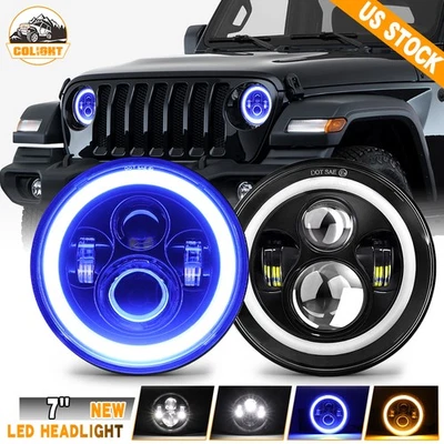 Pair 7" LED Headlights Blue Halo Amber Turn Signal for Jeep Wrangler JK LJ TJ CJ - Image 1 of 4