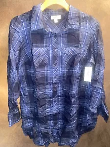 Style&Co 0X NWT Soft Plaid navy Utility Shirt Button Up Blouse Top - Picture 1 of 9
