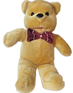 Vintage Teddy Bear Yellow Golden Plush w/ Red Pink Bow Tie 16 In. Stuffed Animal - Picture 1 of 9