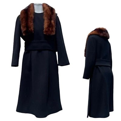 Abrigo de vestir largo de lana vintage años 50 J L HUDSON CO para mujer S cuello de piel de visón NEGRO Foto 1 de 4