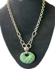 Vintage Lia Sophia Signed Silver Tone Green Enamel Pendant Necklace