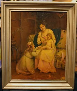 Antikes Original handbemaltes Porzellangemälde 16x20 Mutter & Kinder gerahmt - Bild 1 von 9