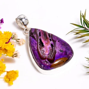 Rock Sugilite Druzy Gemstone Ethnic Handmade 925 Silver Pendant 1.8" GSR-12169 - Picture 1 of 2