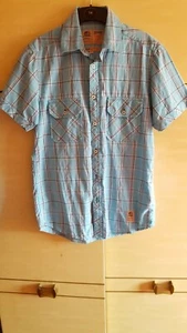 New NICKELSON NKS S 15" Aqua Blue Cross Lines Short Sleeve Cotton Casual Shirt - Picture 1 of 6