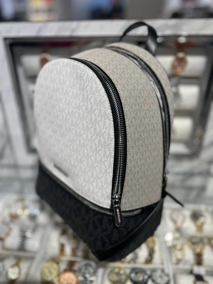 Michael Kors Rhea Medium Color-Block Signature Logo Backpack Optic White