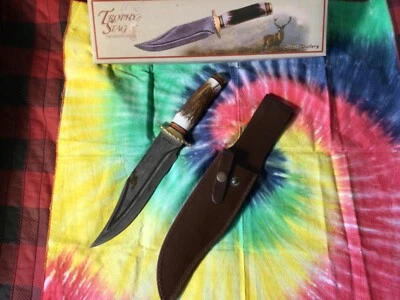 Large Stag Handle Damascus Bowie Knife - Image 1 of 4