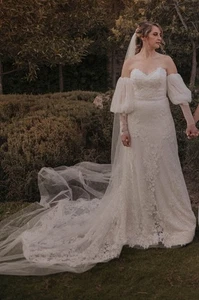 Wedding Dress: size 4-6/S, pre-owned, ivory/white, dress, vail and sleeves - Picture 1 of 6