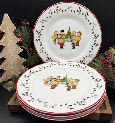 Peanuts Charlie Brown 10.5" Dinner Plates Snoopy Gang Christmas Lights SET OF 4 - Image 1 of 4