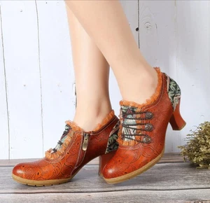 SOCOFY Pumps (41/9) Fancy Orange Tooled Leather Lace Jacquard Mid Heel NWOB - Picture 1 of 9