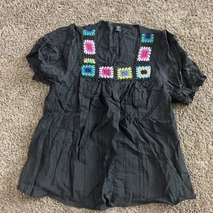 SHEIN Black Blouse 1X Embroidery Around Collar Cute Sleeves - Picture 1 of 4