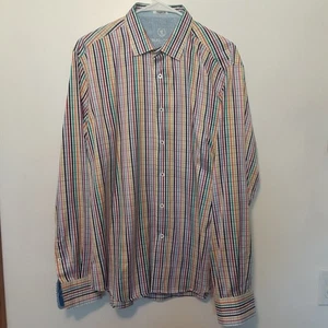 Bugatchi Uomo Button Front Shirt Men's Large Shaped Fit Stripes 100% Cotton - Picture 1 of 6