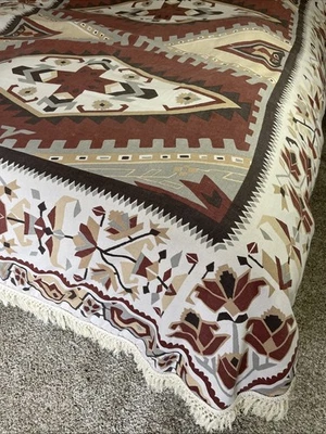 Southwestern Fringed Bedspread Coverlet 72"x91" Red Gray Geometric Tribal Aztec - Image 1 of 4