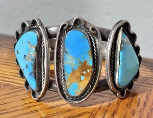 Sterling Silver Southwest Turquoise Heavy Cuff Bracelet 6.5 Plus 1inch Opening - Picture 1 of 7