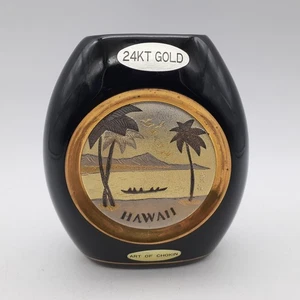 Vintage Art of Chokin Vase Black Gold Hawaii Scene 24KT Gold Made in Japan Decor - Picture 1 of 9