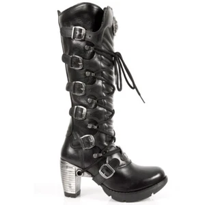 Neu Rock TR004-S1 Damen Schwarz Leder Stiefel Schnalle Spitze Kniehoch Biker Stiefel - Bild 1 von 9
