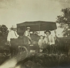 Family Sitting In And On Running Board Of Car B&W Photograph 3.5 x 3.5 - Picture 1 of 3