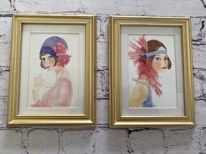 Signed Peg Carlson 2 Illustrations Paintings Flapper Women 8" X 6.5" Framed Vtg - Picture 1 of 23