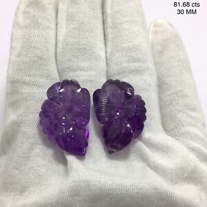 81.68 Cts Natural Amethyst Pair Loose Gemstone Carved Flower Carver Carving Ston