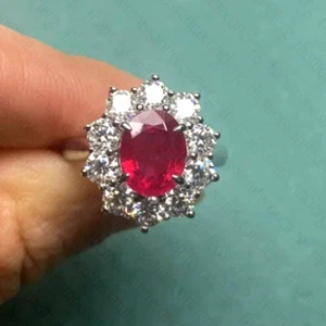 2.40 TCW Natural Oval Red Ruby & Moissanite Engagement Ring Solid 9K White Gold - Picture 1 of 9