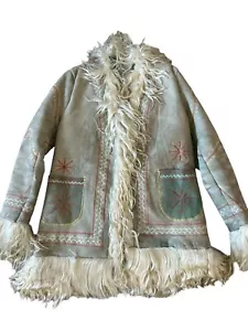 Cappotto Penny Lane Vintage Anni 70 Afgano Shaggy Floreale Ricamato Pelle di Pecora XS/S Hippie - Foto 1 di 16
