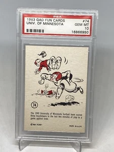 1963 FCBG Fun Card by GAD Card #74 UNIVERSITY OF MINNESOTA FOOTBALL PSA 10 POP8 - Picture 1 of 4