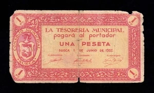 F.C. SUECA (VALENCIA) , 1 PESETA 1937 , SERIE A , B/C- . - Imagen 1 de 2