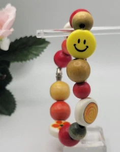 CHUNKY BOLD Bracelet Happy Face Wood Plastic Colorful Beaded Barrel Clasp Flower - Picture 1 of 11