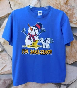 VTG 2000s Y2k Xmas Dog Peeing up Snowman T-Shirt Blue XL Youth - Picture 1 of 2