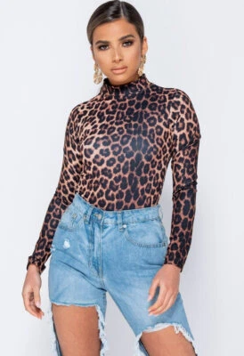 Womens Leopard Print High Neck Long Sleeve Bodysuit - Image 1 of 4