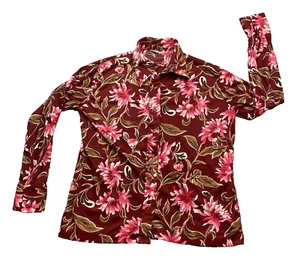 Vintage 70er Jahre Damen Gr. 38 Bluse Hemd mit Knopfleiste weinrot geblümt 100% Nylon - Bild 1 von 14