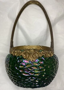 KRALIK MARTELE Iridescent Art Nouveau Glass Metal Basket 1905-10 Antique RARE - Picture 1 of 12