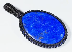 53 CT MACRAME OVAL PENDANT 100% NATURAL LAPIS LAZULI GEMSTONE AA-355 - Picture 1 of 6