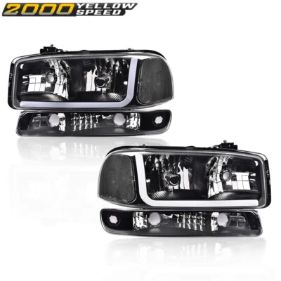 Fit For 99-07 GMC Sierra 1500 2500 LED DRL Black/Clear Headlights+Bumper Lamps - Image 1 of 4