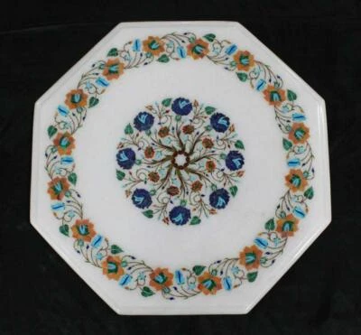 18" white marble corner Table Top Pietra Dura Inlay handmade Work art Home Decor - Image 1 of 4
