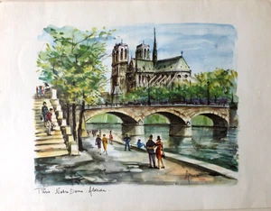 1960s PARIS NOTRE DAME ALESIDE by ARNO Vintage Watercolour Print-Good Condition - Picture 1 of 3