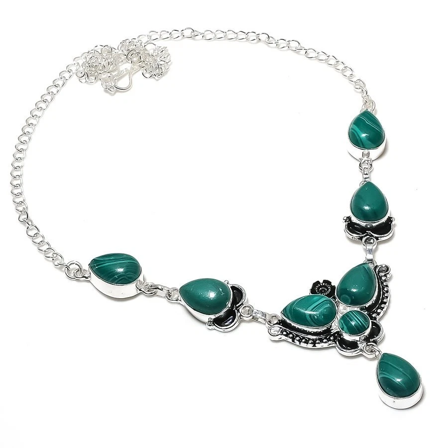 Collar de joyería de plata de ley 925 hecho a mano con piedras preciosas de malaquita verde tamaño 18" Foto 1 de 1
