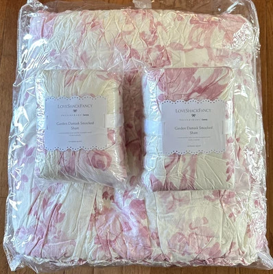 New~Pottery Barn~ LoveShackFancy Garden Damask Smocked Quilt~King + 2 Euro Shams - Image 1 of 2