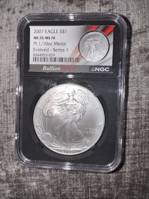 2007 American Silver Eagle coin MS 70 NGC with 1/10 oz Platinum medal Series 1 - Image 1 of 2