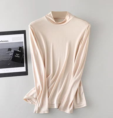 Mujeres 100% Real Seda Morera Camiseta Cuello Alto Manga Completa Tejido Prendas para el torso Foto 1 de 4